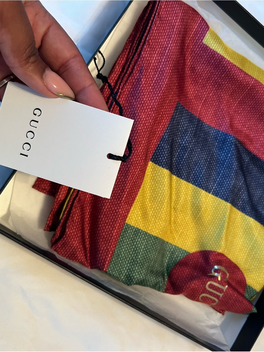 Gucci Colorblock Logo Silk Scarf in Red, Yellow, Blue, Green
